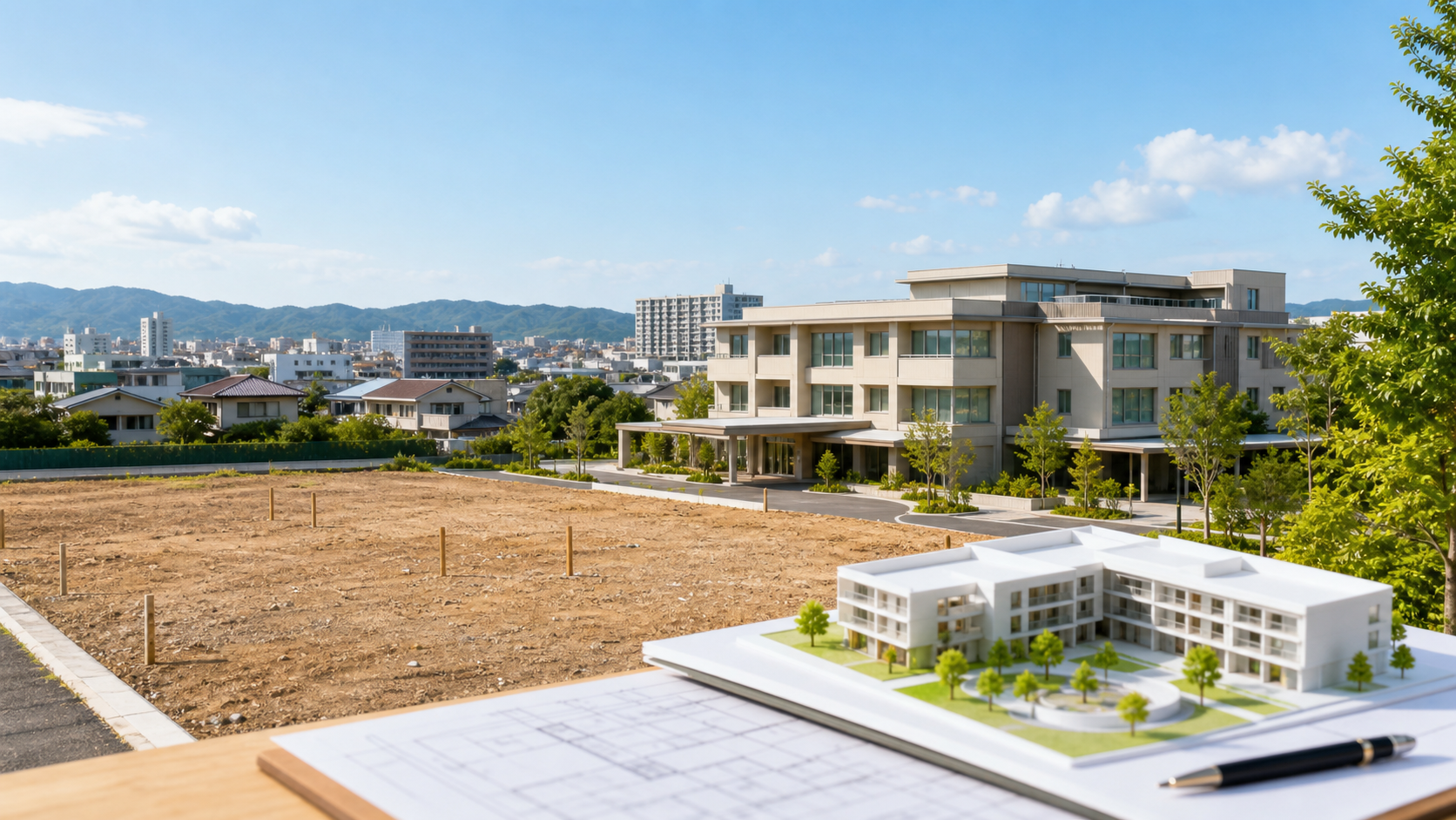福岡の土地活用と老人ホーム建設を表現したアイキャッチ