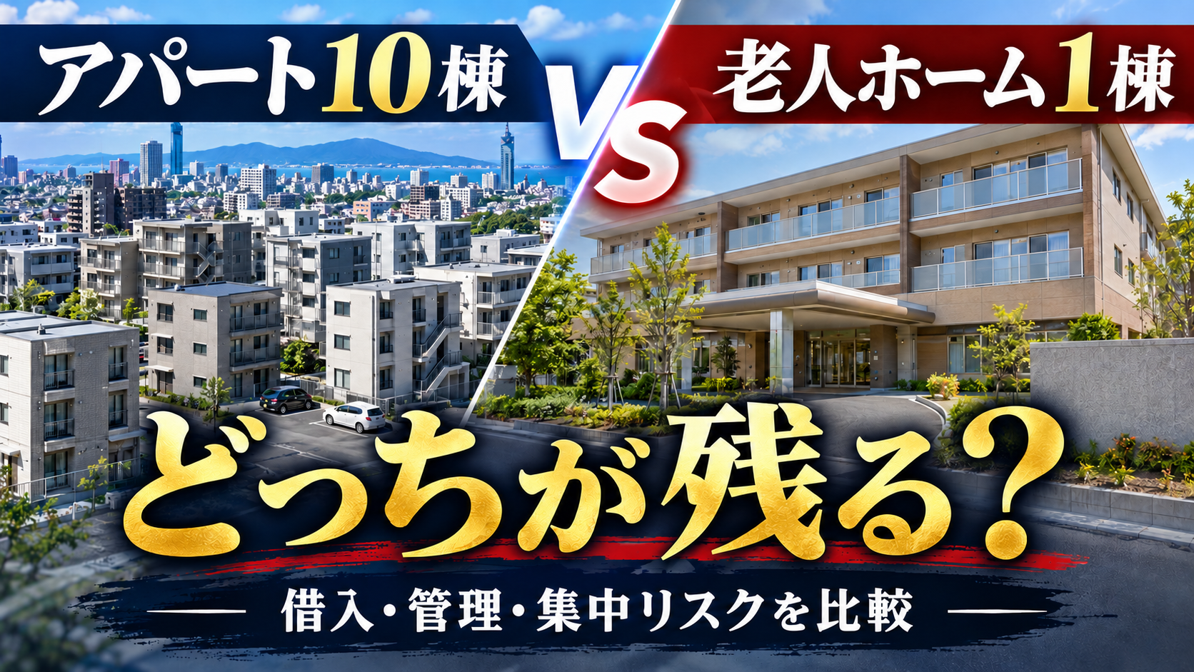 アパート10棟と老人ホーム1棟を比較するYouTube風アイキャッチ。画像はイメージです。