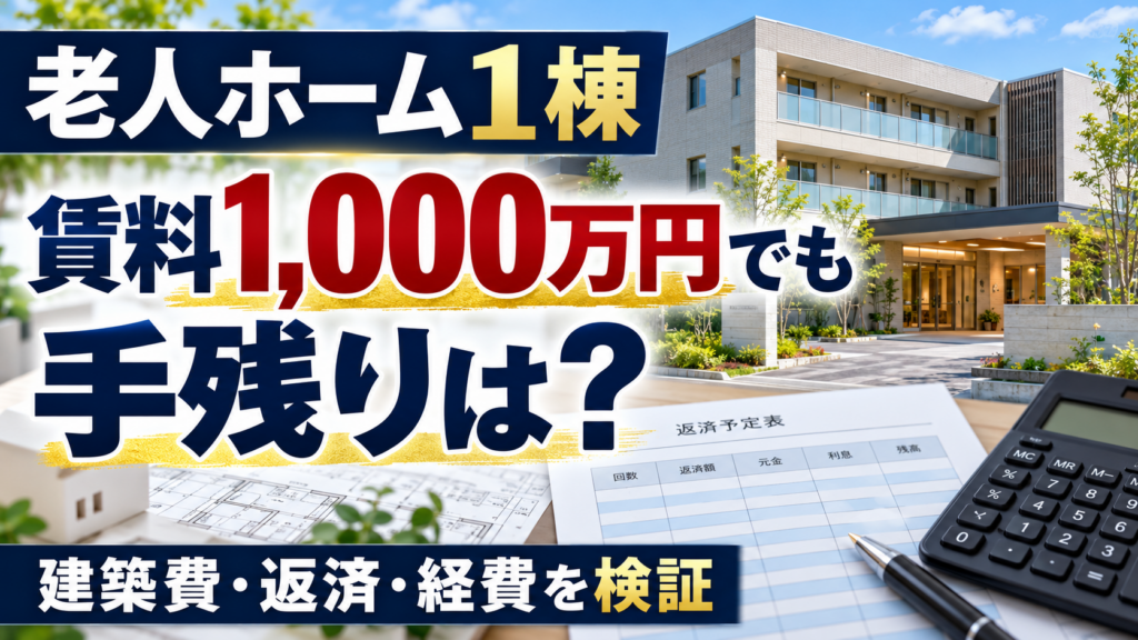 老人ホーム1棟で年間賃料1000万円を想定したときの手残りを問うアイキャッチ。施設の画像はイメージです。