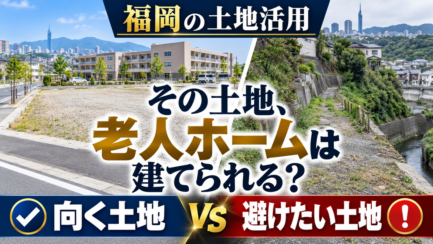 福岡の老人ホーム用地として検討しやすい土地と慎重に扱う土地を対比した画像。写真は生成イメージです。