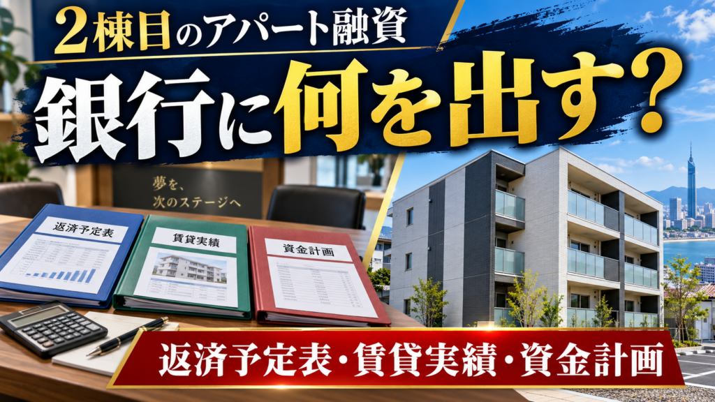 2棟目のアパート融資で揃えたい返済予定表・賃貸実績・資金計画を示したアイキャッチ
