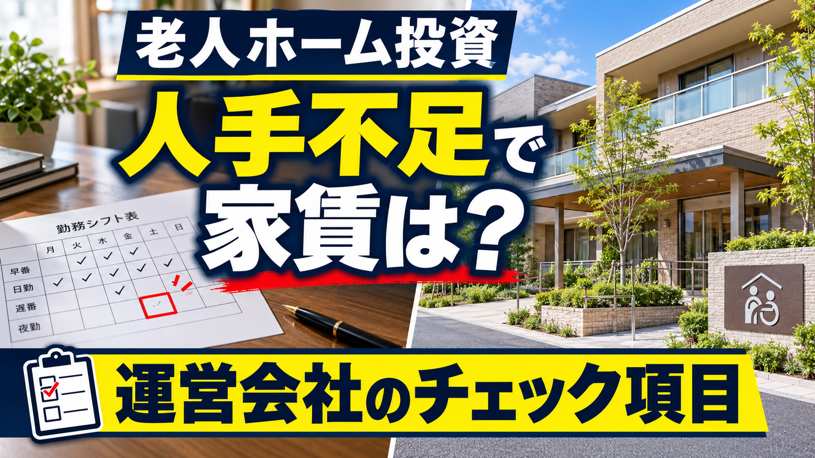 老人ホーム投資で介護人材不足が家賃に与える影響と運営会社の確認項目を示すアイキャッチ